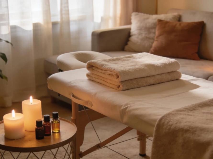 Cozy home spa setting with massage essentials, evoking relaxation and accessibility in Blacktown and Chatswood mobile services.