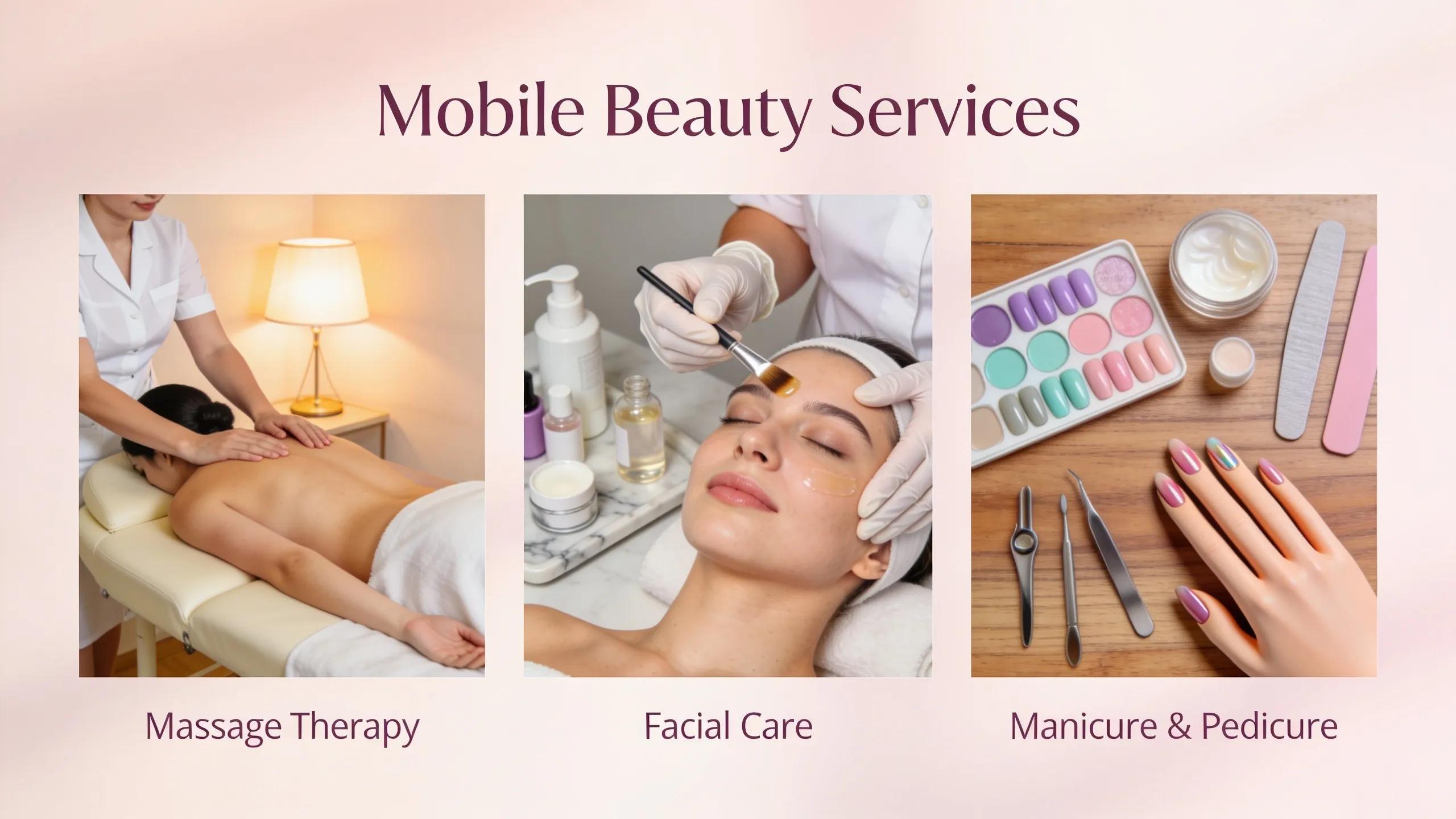 Various mobile beauty services including massage, facials, and manicures presented in an elegant setting