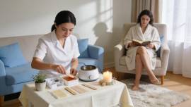 Mobile massage and beauty therapist preparing treatment for relaxation at home.