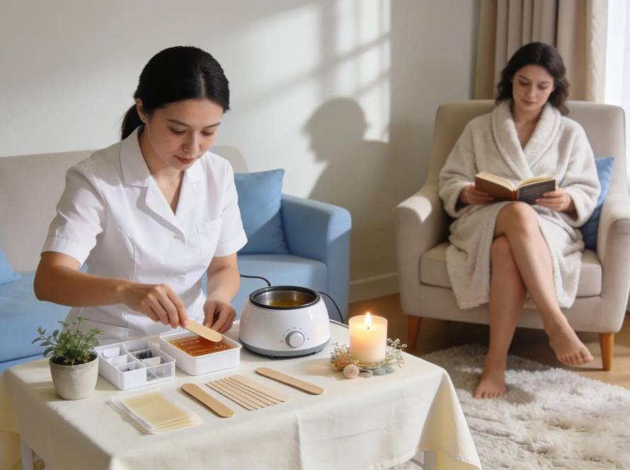 Mobile beauty therapist preparing for an in-home waxing treatment showcasing professionalism and comfort