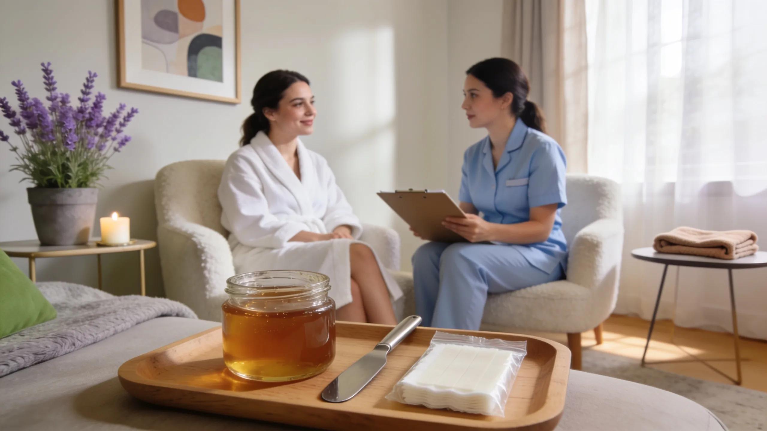 Client preparing for a mobile waxing service at home with a professional therapist