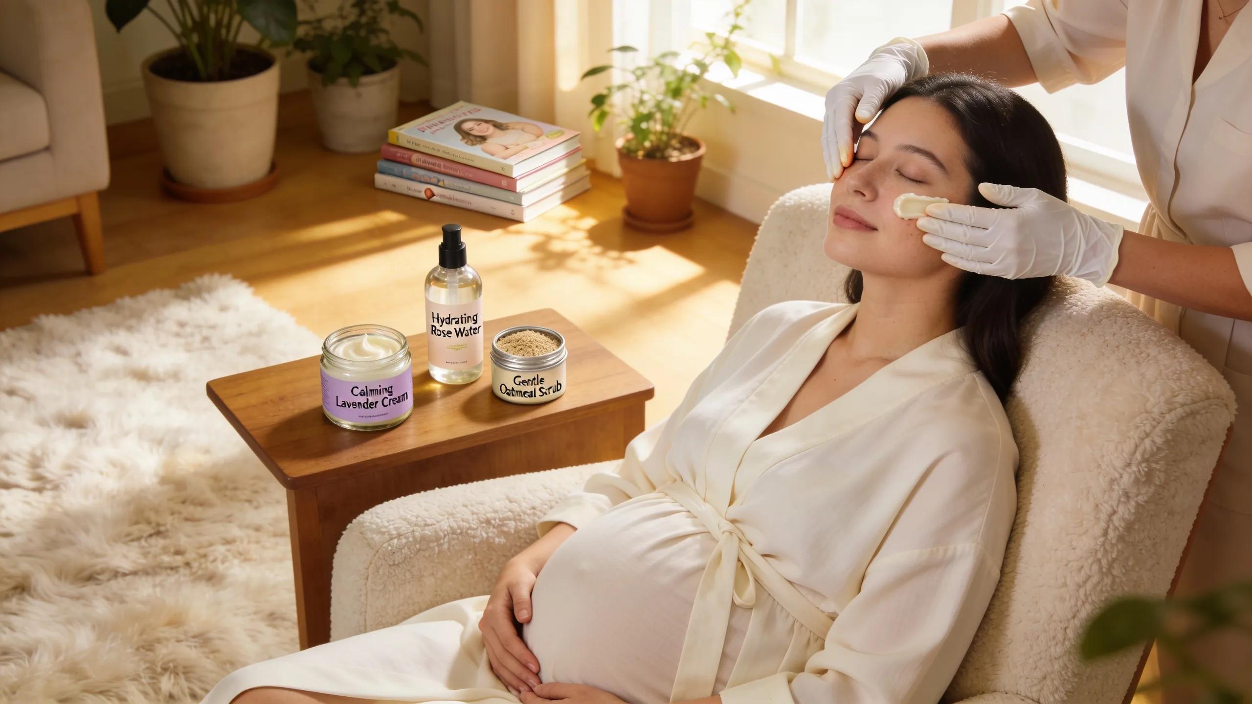 Pregnant woman experiencing a calming mobile facial treatment with natural skincare products