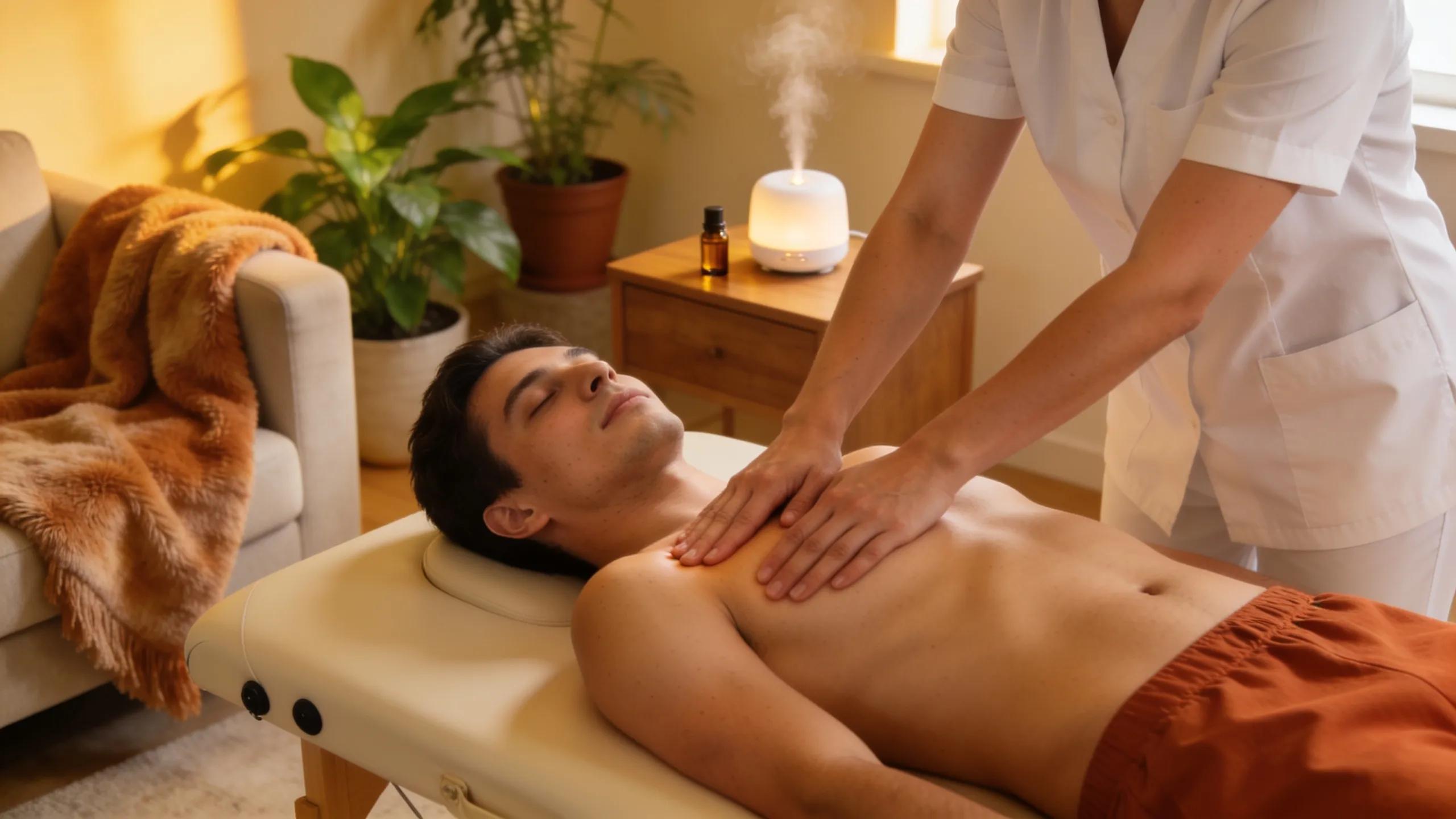 Professional massage therapy in a tranquil home environment, showcasing relaxation