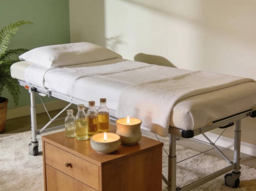 Mobile massage therapy setup in a tranquil home environment highlighting relaxation and wellness