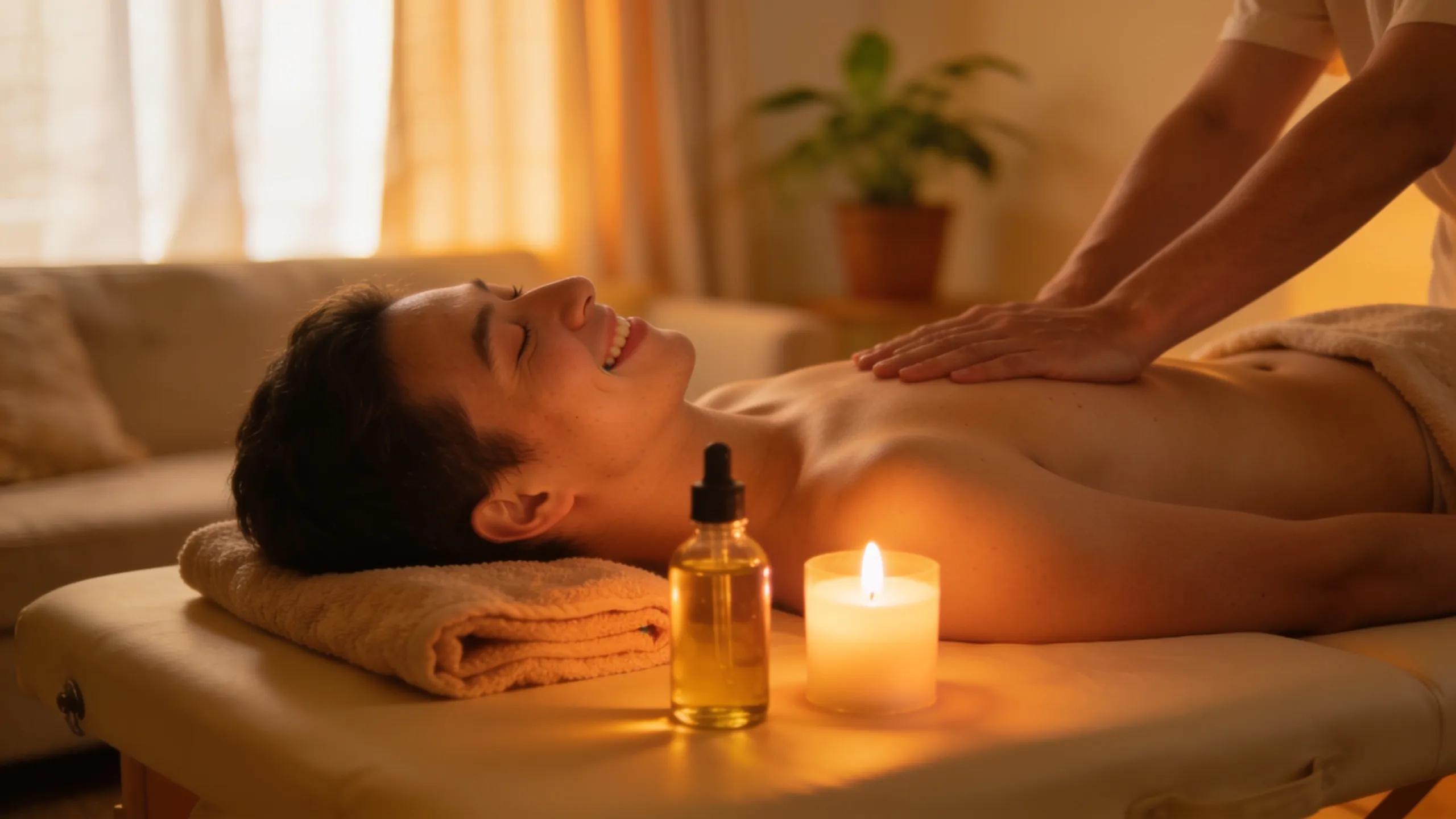 Client enjoying a relaxing home massage experience, highlighting satisfaction and wellness benefits
