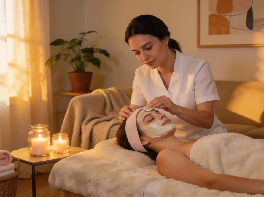 Mobile beauty therapist giving a facial treatment in a cozy home setting highlighting luxury and convenience