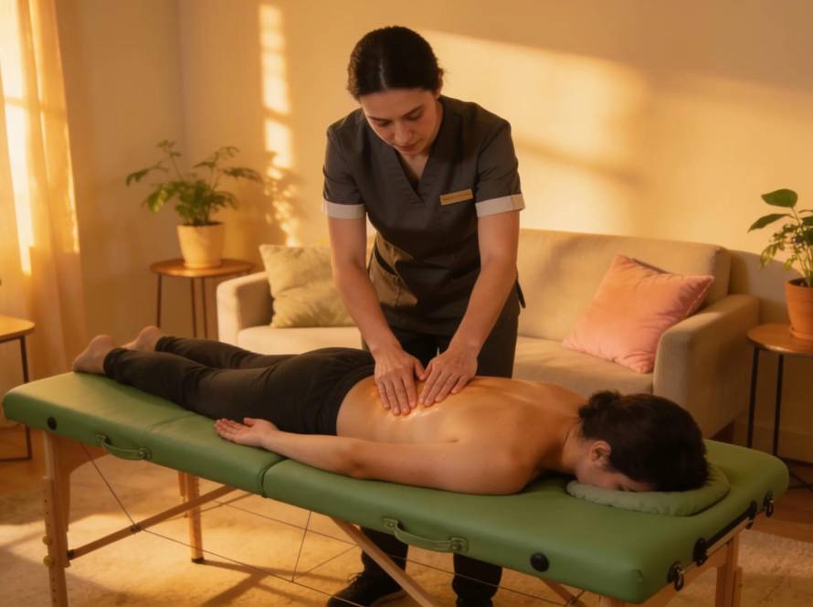 Mobile massage therapist providing home therapy services to a client in a cozy living room