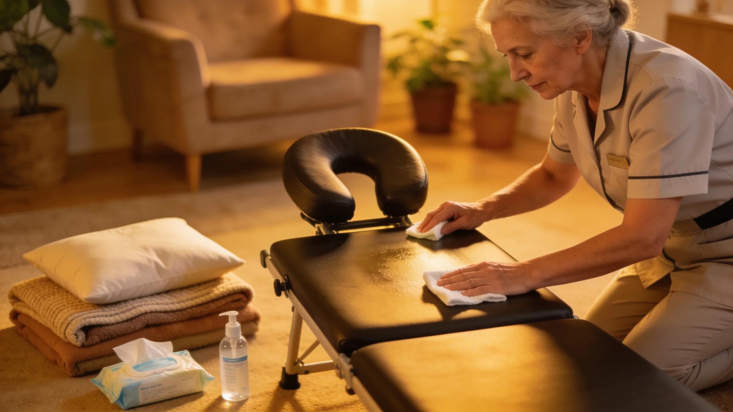 Mobile massage therapist ensuring safety and comfort measures in an elderly client's home