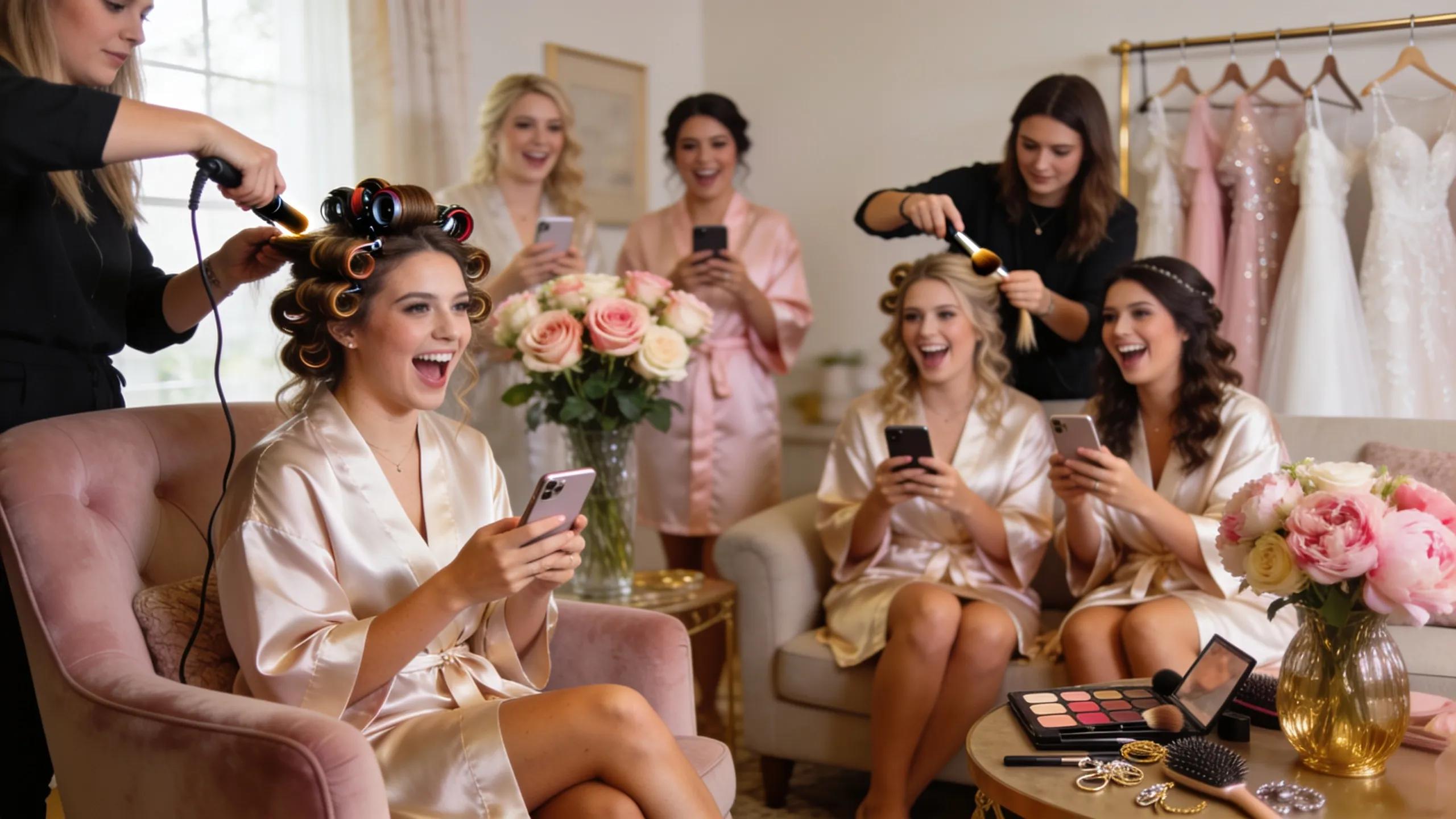 Bridal party at home enjoying mobile beauty services with hair and makeup artists