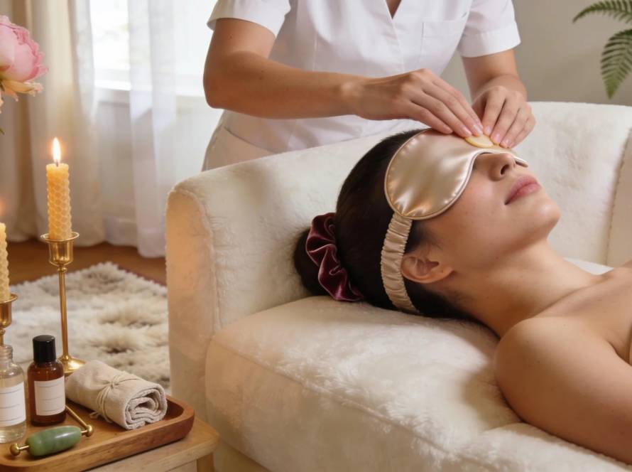 Mobile beauty therapy session at home with therapist and client enjoying treatments