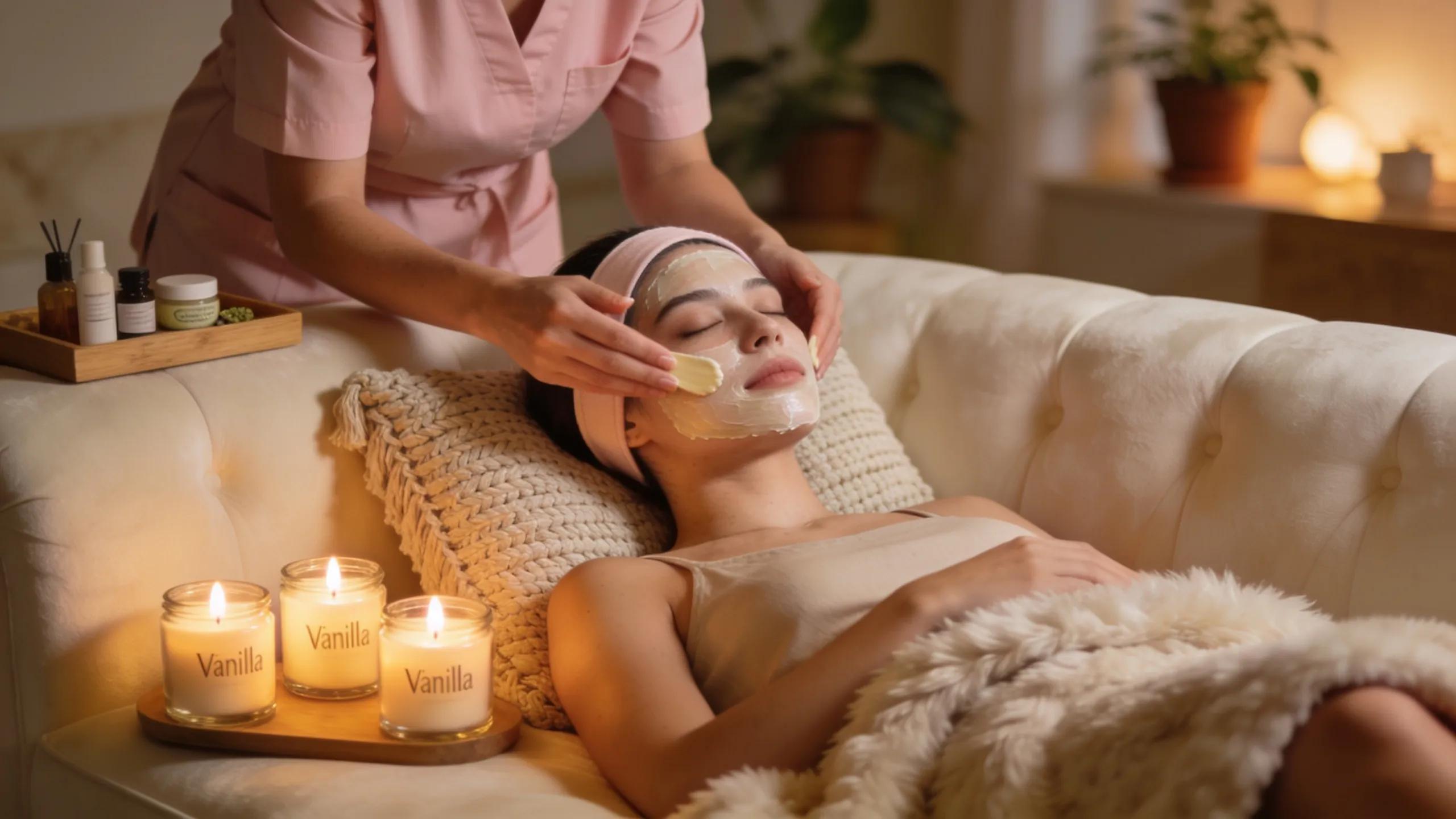 Mobile beauty therapist applying facial treatment to client at home, demonstrating in-home beauty services in