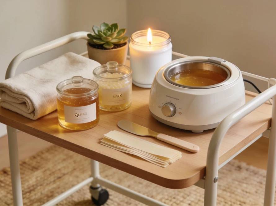 Cozy mobile waxing service setup with professional products in a home environment