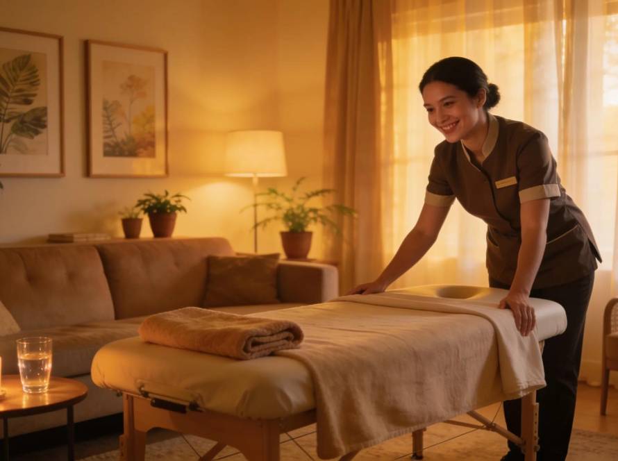 Mobile massage therapy setup in a cozy Chatswood living room
