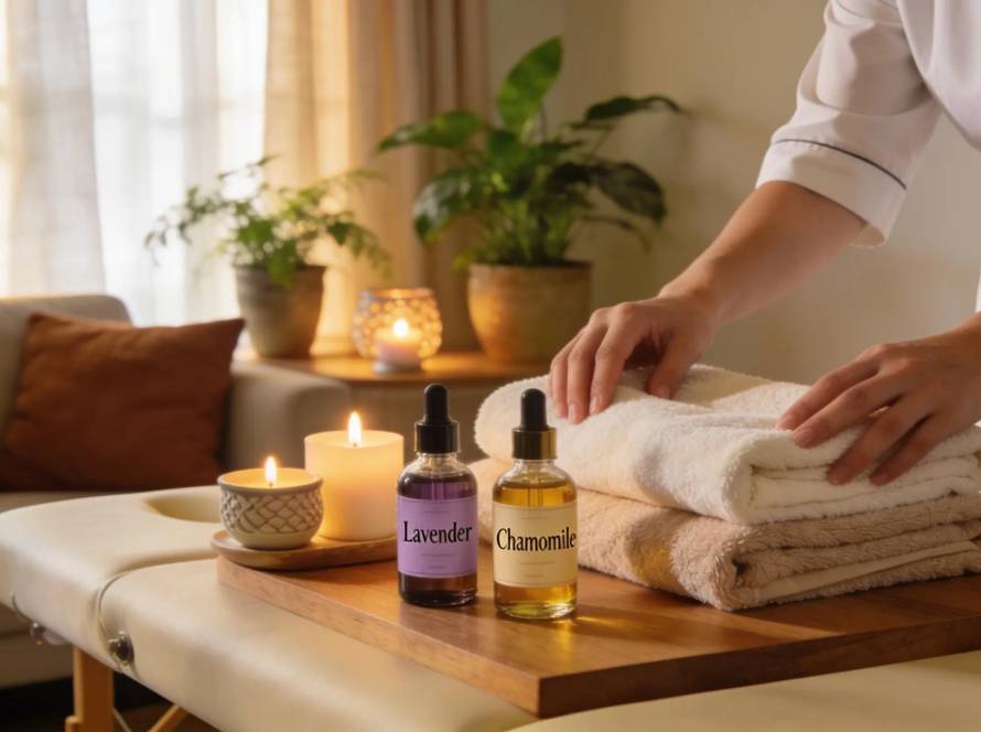 Mobile beauty therapist preparing for at-home massage service in a cozy environment
