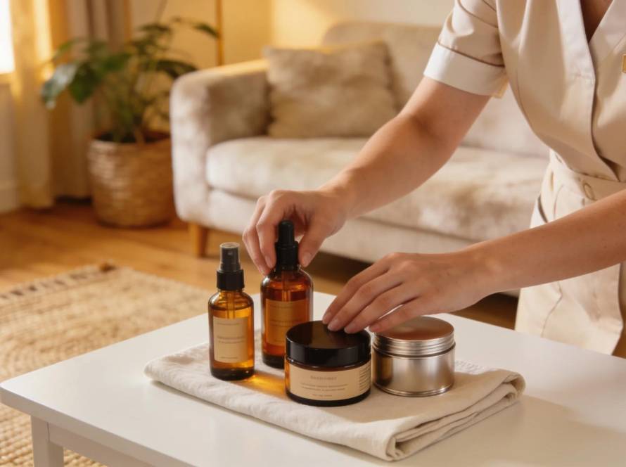 Beauty therapy products and massage oils for in-home treatments.