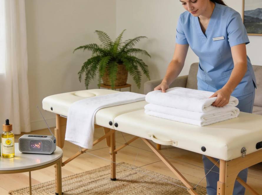 In-home mobile massage setup with therapist preparing for treatment in a cozy living room creating a relaxing atmosphere
