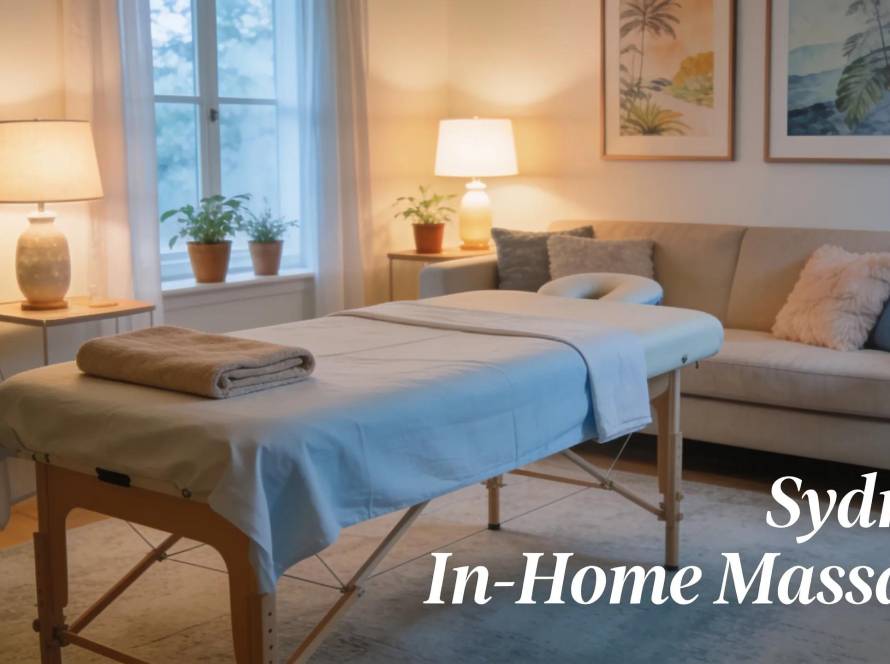 In-home massage setup in a cozy Sydney living room highlighting relaxation and comfort