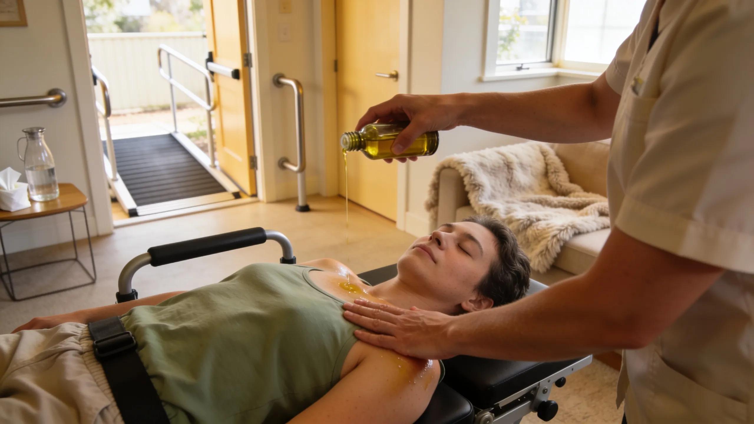 Mobile massage therapist providing in-home therapy to an NDIS participant emphasising comfort and personalization