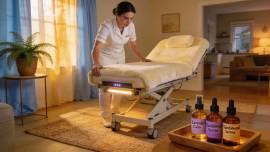 Mobile massage therapist preparing a cozy in-home setting with a heated table and hypoallergenic oils