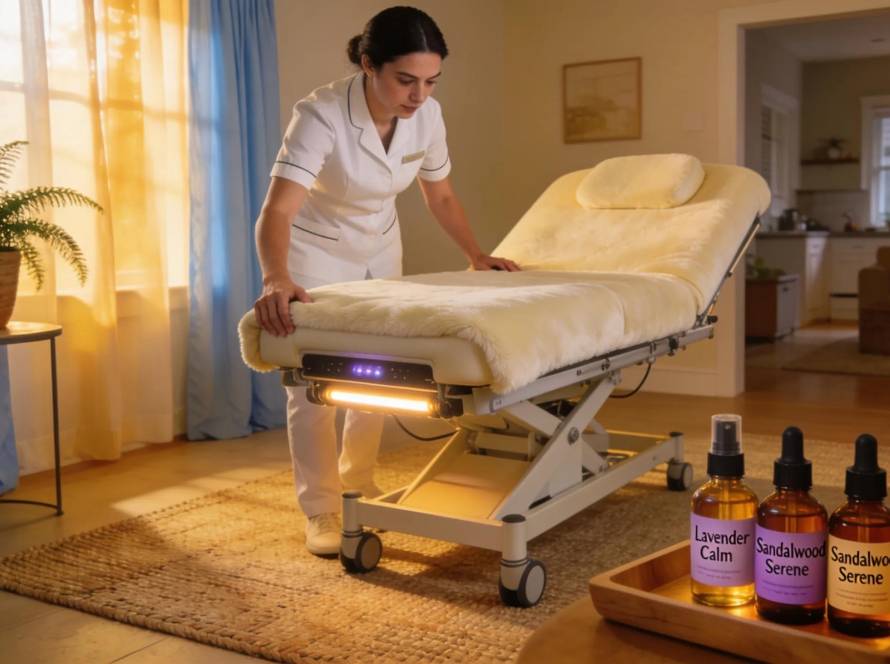 Mobile massage therapist preparing a cozy in-home setting with a heated table and hypoallergenic oils
